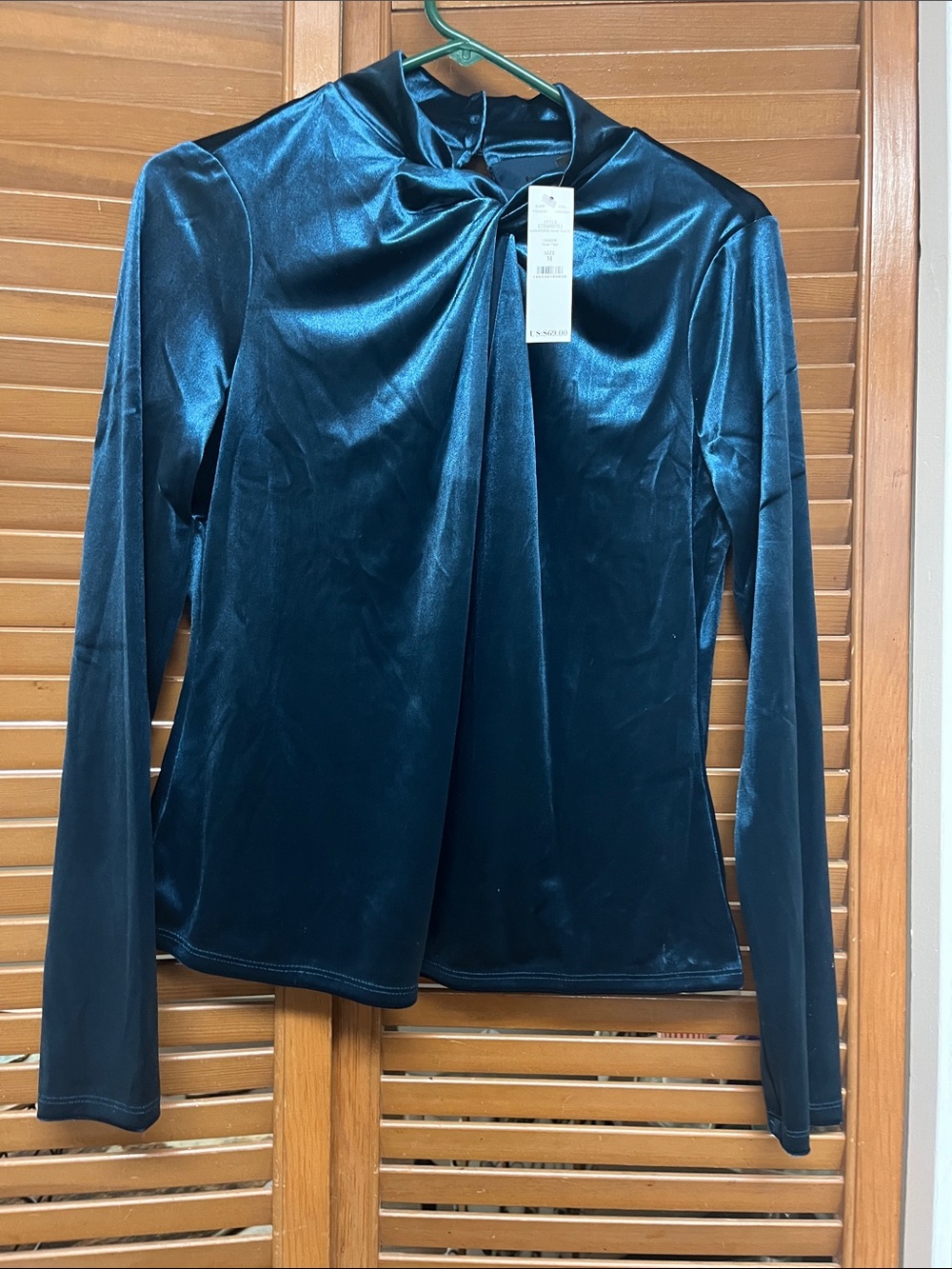 White House Black Market Teal Velvet Twist-Neck Long Sleeve Top